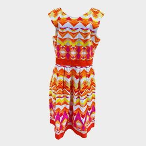 Sandra Darren Sleeveles Pleated Dress Cotton Blend Geometric Print Coastal Sz14
